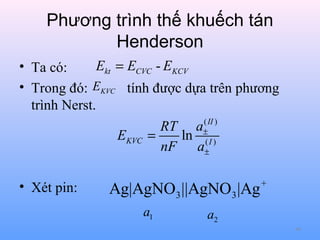 Phương trình thế khuếch tán
Henderson
Ekt = ECVC - EKCV
• Ta có:
• Trong đó: EKVC tính được dựa trên phương
trình Nerst.
( II )
RT a±
EKVC =
ln ( I )
nF a±
• Xét pin:

Ag|AgNO3 ||AgNO3 |Ag
a1

+

a2
49

 