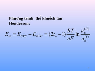 Phương trình thế khuếch tán
Henderson:

Ekt = ECVC − EKVC

( II )
±
(I )
±

RT a
= (2t− − 1)
ln
nF a

53

 