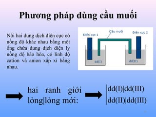 Phương pháp dùng cầu muối
Nối hai dung dịch điện cực có
nồng độ khác nhau bằng một
ống chứa dung dịch điện ly
nồng độ bão hòa, có linh độ
cation và anion xấp xỉ bằng
nhau.

hai ranh giới
lỏng|lỏng mới:

dd(I)|dd(III)
dd(II)|dd(III)
55

 