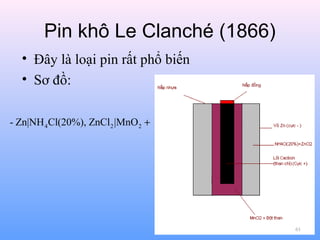 Pin khô Le Clanché (1866)
• Đây là loại pin rất phổ biến
• Sơ đồ:
- Zn|NH 4 Cl(20%), ZnCl 2 |MnO 2 +

61

 