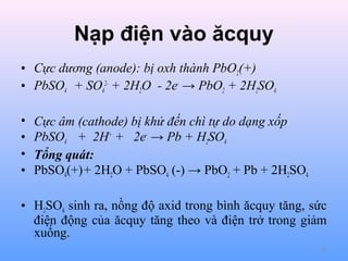 Nạp điện vào ăcquy
• Cực dương (anode): bị oxh thành PbO2(+)
• PbSO4 + SO42- + 2H2O - 2e- → PbO2 + 2H2SO4
•
•
•
•

Cực âm (cathode) bị khử đến chì tự do dạng xốp
PbSO4 + 2H+ + 2e- → Pb + H2SO4
Tổng quát:
PbSO4(+) + 2H2O + PbSO4 (-) → PbO2 + Pb + 2H2SO4

• H2SO4 sinh ra, nồng độ axid trong bình ăcquy tăng, sức
điện động của ăcquy tăng theo và điện trở trong giảm
xuống.
69

 