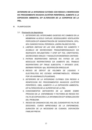 13
DETERIORO DE LA INTEGRIDAD CUTÁNEA CON RIESGO A REINFECCION
R/C PROCEDIMIENTO INVASIVO (CATÉTER PERIFÉRICO), AUMENTO A LA
EXPOSICION AMBIENTAL E/P ALTERACIÓN DE LA SUPERFICIE DE LA
PIEL.
III. PLANIFICACION
3.1. Priorización de diagnósticos.
1. DETERIORO DEL INTERCAMBIO GASEOSO R/C CAMBIOS EN LA
MEMBRANA ALVEOLO CAPILAR, DESEQUILIBRIO VENTILACIÓN
PERFUSIÓN E/P ADMINISTRACIÓN DE OXIGENOTERAPIA, SPO2:
90% CIANOSIS FACIAL PERIÓDICA, LIGERA PALIDEZ EN PIEL.
2. LIMPIEZA INEFICAZ DE LAS VÍAS AÉREAS R/C AUMENTO Y
ACÚMULO DE SECRECIONES TRAQUEOBRONQUIALES S/A
RESPUESTA INFLAMATORIA Y CPAP E/P TOS, CREPITANTES,
SECRECIONES ORALES Y NASALES EN MODERADA CANTIDAD.
3. PATRON RESPIRATORIO INEFICAZ R/C FATIGA DE LOS
MÚSCULOS RESPIRATORIOS S/A AUMENTO DEL TRABAJO
RESPIRATORIO E/P TIRAJE SUBCOSTAL Y XIFOIDEO LEVE,
BIERMAN PIERSON: 4pts, RESPIRACIÓN IRREGULAR.
4. RIESGO DE DÉFICIT DE VOLÚMEN DE LIQUIDOS Y
ELECTROLITOS R/C ESTADO HIPERMETABÓLICO, PÉRDIDA
POR VÍA ANORMALES (PULMONAR).
5. DETERIORO DE LA INTEGRIDAD CUTÁNEA CON RIESGO A
REINFECCION R/C PROCEDIMIENTOS INVASIVOS (CATÉTER
PERIFÉRICO, CBN), AUMENTO A LA EXPOSICIÓN AMBIENTAL
E/P ALTERACIÓN DE LA SUPERFICIE DE LA PIEL.
6. CONOCIMIENTOS DEFICIENTES DE LA MADRE SOBRE
PROCESO DE LA ENFERMEDAD Y FACTORES DE RIESGO R/C
FALTA DE EXPOSICIÓN A LA INFORMACIÓN E/P VERBALIZACIÓN
DEL PROBLEMA.
7. RIESGO DE CANSANCIO DEL ROL DEL CUIDADOR R/C FALTA DE
DESCANSO, CURSO IMPREVISIBLE DE LA ENFERMEDAD,
DURACIÓN DE LA NECESIDAD DE CUIDADO, DISFUNCIÓN
FAMILIAR PREVIA.
 