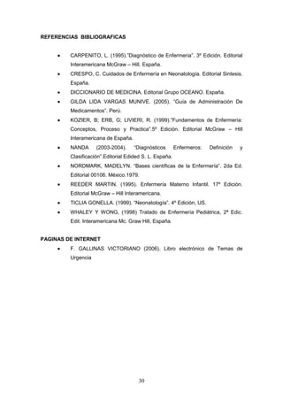 30
REFERENCIAS BIBLIOGRAFICAS
 CARPENITO, L. (1995).”Diagnóstico de Enfermería”. 3º Edición. Editorial
Interamericana McGraw – Hill. España.
 CRESPO, C. Cuidados de Enfermería en Neonatología. Editorial Sintesis.
España.
 DICCIONARIO DE MEDICINA. Editorial Grupo OCEANO. España.
 GILDA LIDA VARGAS MUNIVE. (2005). “Guía de Administración De
Medicamentos”. Perú.
 KOZIER, B; ERB, G; LIVIERI, R. (1999).”Fundamentos de Enfermería:
Conceptos, Proceso y Practica”.5º Edición. Editorial McGraw – Hill
Interamericana de España.
 NANDA (2003-2004). “Diagnósticos Enfermeros: Definición y
Clasificación”.Editorial Edided S. L. España.
 NORDMARK, MADELYN. “Bases científicas de la Enfermería”. 2da Ed.
Editorial 00106. México.1979.
 REEDER MARTIN. (1995). Enfermería Materno Infantil. 17º Edición.
Editorial McGraw – Hill Interamericana.
 TICLIA GONELLA. (1999). “Neonatología”. 4º Edición, US.
 WHALEY Y WONG, (1998) Tratado de Enfermería Pediátrica, 2ª Edic.
Edit. Interamericana Mc. Graw Hill, España.
PAGINAS DE INTERNET
 F. GALLINAS VICTORIANO (2006). Libro electrónico de Temas de
Urgencia
 