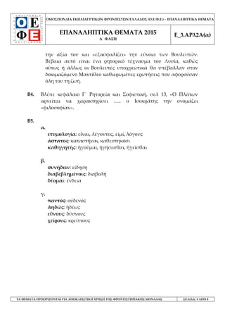 ΟΜΟΣΠΟΝΔΙΑ ΕΚΠΑΙΔΕΥΤΙΚΩΝ ΦΡΟΝΤΙΣΤΩΝ ΕΛΛΑΔΟΣ (Ο.Ε.Φ.Ε.) – ΕΠΑΝΑΛΗΠΤΙΚΑ ΘΕΜΑΤΑ
ΕΠΑΝΑΛΗΠΤΙΚΑ ΘΕΜΑΤΑ 2015
Α΄ ΦΑΣΗ
Ε_3.ΑΡλ2Α(α)
ΤΑ ΘΕΜΑΤΑ ΠΡΟΟΡΙΖΟΝΤΑΙ ΓΙΑ ΑΠΟΚΛΕΙΣΤΙΚΗ ΧΡΗΣΗ ΤΗΣ ΦΡΟΝΤΙΣΤΗΡΙΑΚΗΣ ΜΟΝΑΔΑΣ ΣΕΛΙΔΑ: 5 ΑΠΟ 8
την αξία του και «εξασφαλίζει» την εύνοια των Βουλευτών.
Βέβαια αυτό είναι ένα ρητορικό τέχνασμα του Λυσία, καθώς
ούτως ή άλλως οι Βουλευτές υποχρεωτικά θα υπέβαλλαν στον
δοκιμαζόμενο Μαντίθεο καθιερωμένες ερωτήσεις που αφορούσαν
όλη του τη ζωή.
Β4. Βλέπε κεφάλαιο Γ΄ Ρητορεία και Σοφιστική, σελ 13, «Ο Πλάτων
αρνείται να χαρακτηρίσει ….. ο Ισοκράτης την ονομάζει
«φιλοσοφίαν».
Β5.
α.
ετυμολογία: εἶναι, λέγοντος, εἰμί, λόγους
άστατος: καταστῆναι, καθεστηκόσι
καθηγητής: ἡγοῦμαι, ἡγήσεσθαι, ἡγεῖσθαι
β.
συνῄδειν: είδηση
διαβεβλημένοις: διαβολή
δέομαι: ένδεια
γ.
παντός: οὐδενός
ἀηδῶς: ἡδέως
εὒνους: δύσνους
χείρους: κρείττους
 