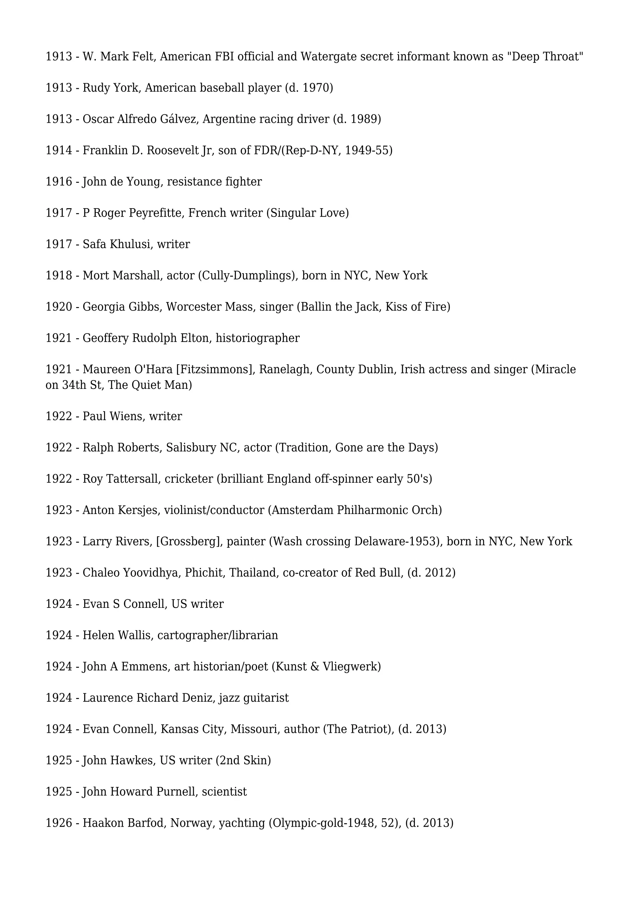 1913 - W. Mark Felt, American FBI official and Watergate secret informant known as "Deep Throat"
1913 - Rudy York, American baseball player (d. 1970)
1913 - Oscar Alfredo Gálvez, Argentine racing driver (d. 1989)
1914 - Franklin D. Roosevelt Jr, son of FDR/(Rep-D-NY, 1949-55)
1916 - John de Young, resistance fighter
1917 - P Roger Peyrefitte, French writer (Singular Love)
1917 - Safa Khulusi, writer
1918 - Mort Marshall, actor (Cully-Dumplings), born in NYC, New York
1920 - Georgia Gibbs, Worcester Mass, singer (Ballin the Jack, Kiss of Fire)
1921 - Geoffery Rudolph Elton, historiographer
1921 - Maureen O'Hara [Fitzsimmons], Ranelagh, County Dublin, Irish actress and singer (Miracle
on 34th St, The Quiet Man)
1922 - Paul Wiens, writer
1922 - Ralph Roberts, Salisbury NC, actor (Tradition, Gone are the Days)
1922 - Roy Tattersall, cricketer (brilliant England off-spinner early 50's)
1923 - Anton Kersjes, violinist/conductor (Amsterdam Philharmonic Orch)
1923 - Larry Rivers, [Grossberg], painter (Wash crossing Delaware-1953), born in NYC, New York
1923 - Chaleo Yoovidhya, Phichit, Thailand, co-creator of Red Bull, (d. 2012)
1924 - Evan S Connell, US writer
1924 - Helen Wallis, cartographer/librarian
1924 - John A Emmens, art historian/poet (Kunst & Vliegwerk)
1924 - Laurence Richard Deniz, jazz guitarist
1924 - Evan Connell, Kansas City, Missouri, author (The Patriot), (d. 2013)
1925 - John Hawkes, US writer (2nd Skin)
1925 - John Howard Purnell, scientist
1926 - Haakon Barfod, Norway, yachting (Olympic-gold-1948, 52), (d. 2013)
 