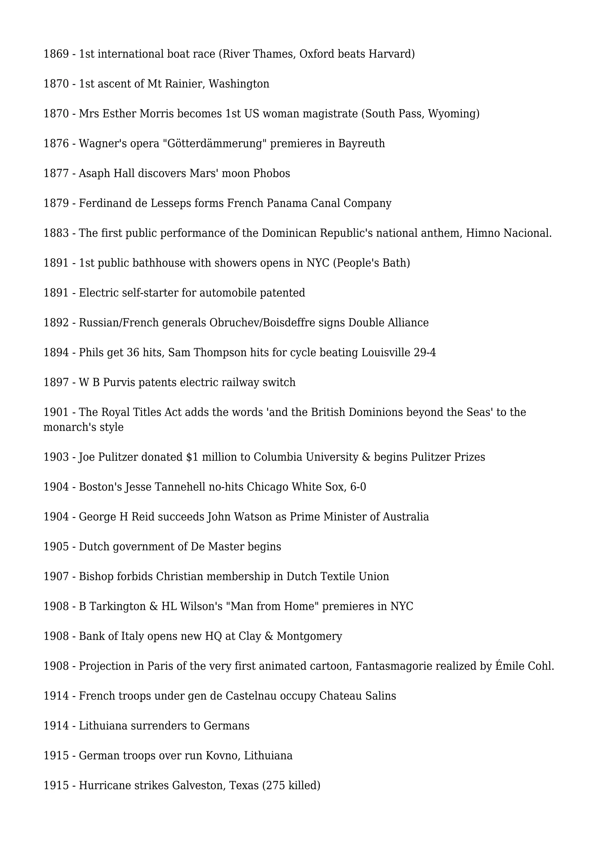1869 - 1st international boat race (River Thames, Oxford beats Harvard)
1870 - 1st ascent of Mt Rainier, Washington
1870 - Mrs Esther Morris becomes 1st US woman magistrate (South Pass, Wyoming)
1876 - Wagner's opera "Götterdämmerung" premieres in Bayreuth
1877 - Asaph Hall discovers Mars' moon Phobos
1879 - Ferdinand de Lesseps forms French Panama Canal Company
1883 - The first public performance of the Dominican Republic's national anthem, Himno Nacional.
1891 - 1st public bathhouse with showers opens in NYC (People's Bath)
1891 - Electric self-starter for automobile patented
1892 - Russian/French generals Obruchev/Boisdeffre signs Double Alliance
1894 - Phils get 36 hits, Sam Thompson hits for cycle beating Louisville 29-4
1897 - W B Purvis patents electric railway switch
1901 - The Royal Titles Act adds the words 'and the British Dominions beyond the Seas' to the
monarch's style
1903 - Joe Pulitzer donated $1 million to Columbia University & begins Pulitzer Prizes
1904 - Boston's Jesse Tannehell no-hits Chicago White Sox, 6-0
1904 - George H Reid succeeds John Watson as Prime Minister of Australia
1905 - Dutch government of De Master begins
1907 - Bishop forbids Christian membership in Dutch Textile Union
1908 - B Tarkington & HL Wilson's "Man from Home" premieres in NYC
1908 - Bank of Italy opens new HQ at Clay & Montgomery
1908 - Projection in Paris of the very first animated cartoon, Fantasmagorie realized by Émile Cohl.
1914 - French troops under gen de Castelnau occupy Chateau Salins
1914 - Lithuiana surrenders to Germans
1915 - German troops over run Kovno, Lithuiana
1915 - Hurricane strikes Galveston, Texas (275 killed)
 