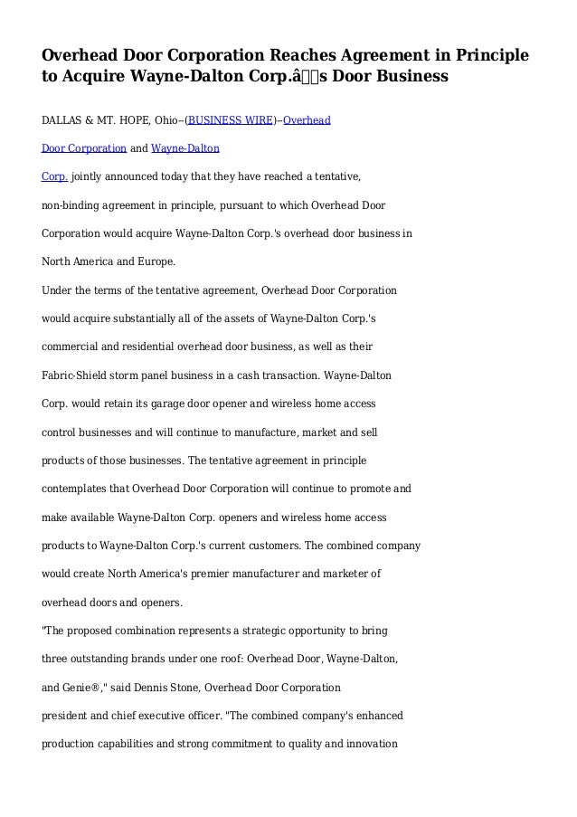 Overhead Door Corporation Reaches Agreement In Principle To Acquire W
