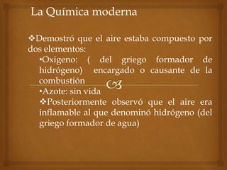 La Química moderna
Demostró que el aire estaba compuesto por
dos elementos:
•Oxigeno: ( del griego formador de
hidrógeno) encargado o causante de la
combustión
•Azote: sin vida
Posteriormente observó que el aire era
inflamable al que denominó hidrógeno (del
griego formador de agua)
 
