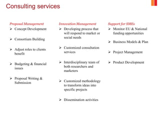 Consulting services
Proposal Management
 Concept Development
 Consortium Building
 Adjust roles to clients
benefit
 Budgeting & financial
issues
 Proposal Writing &
Submission
Innovation Management
 Developing process that
will respond to market or
social needs
 Customized consultation
services
 Interdisciplinary team of
both researchers and
marketers
 Customized methodology
to transform ideas into
specific projects
 Dissemination activities
Support for SMEs
 Monitor EU & National
funding opportunities
 Business Models & Plan
 Project Management
 Product Development
 