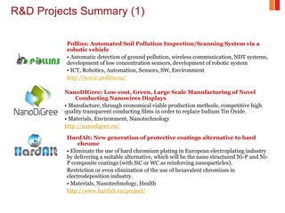 R&D Projects Summary (1)
Pollins: Automated Soil Pollution Inspection/Scanning System via a
robotic vehicle
• Automatic detection of ground pollution, wireless communication, NDT systems,
development of low concentration sensors, development of robotic system
• ICT, Robotics, Automation, Sensors, SW, Environment
http://www.pollins.eu/
NanoDIGree: Low-cost, Green, Large Scale Manufacturing of Novel
Conducting Nanowires Displays
• Manufacture, through economical viable production methods, competitive high
quality transparent conducting films in order to replace Indium Tin Oxide.
• Materials, Environment, Nanotechnology
http://nanodigree.eu/
HardAlt: New generation of protective coatings alternative to hard
chrome
• Eliminate the use of hard chromium plating in European electroplating industry
by delivering a suitable alternative, which will be the nano structured Ni-P and Ni-
P composite coatings (with SiC or WC as reinforcing nanoparticles).
Restriction or even elimination of the use of hexavalent chromium in
electrodeposition industry.
• Materials, Nanotechnology, Health
http://www.hardalt.eu/project/
 
