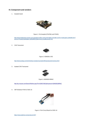 IV. Component and vendors
1. Autopilot board.
Figure 1. Px4 Autopilot (PX4FMU and PX4IO)
http://www.hobbywow.com/en-px4-autopilot-px4fmu-and-px4io-flight-controller-set-for-multicopter-p236306.htm?
source=ProductListAds&id=18283950120&currency=aud&country=AU
2. CAN Transceiver
Figure 2. ADM3051-CRZ
http://www.analog.com/en/interface-isolation/can/adm3051/products/inventory.html
3. Isolated CAN Transceiver
Figure 3. ADM3052-BRWZ
http://au.mouser.com/Search/Refine.aspx?N=4290574601&Keyword=ADM3052BRWZ
4. SMT Breakout PCB for SOIC-16
Figure 4. Print Circuit Board for SOIC-16
https://www.adafruit.com/products/1207
 