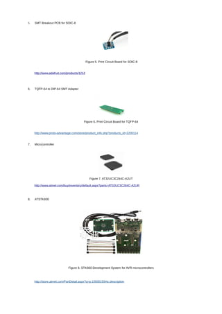 5. SMT Breakout PCB for SOIC-8
Figure 5. Print Circuit Board for SOIC-8
http://www.adafruit.com/products/1212
6. TQFP-64 to DIP-64 SMT Adapter
Figure 6. Print Circuit Board for TQFP-64
http://www.proto-advantage.com/store/product_info.php?products_id=2200114
7. Microcontroller
Figure 7. AT32UC3C264C-A2UT
http://www.atmel.com/buy/inventory/default.aspx?parts=AT32UC3C264C-A2UR
8. ATSTK600
Figure 8. STK600 Development System for AVR microcontrollers
http://store.atmel.com/PartDetail.aspx?q=p:10500155#tc:description
 