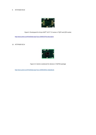 9. ATSTK600-RC40
Figure 9. Routingcard for 64-pin AVR® UC3™ C2 series in TQFP and QFN socket
http://store.atmel.com/PartDetail.aspx?q=p:10500167#tc:description
10. ATSTK600-SC14
Figure 10. Generic socketcard for devices in TQFP64 package
http://store.atmel.com/PartDetail.aspx?q=p:10500236#tc:relatedtools
 