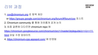 리뷰 과정
1. cxx@chromium.org 로 항목 제안
or https://groups.google.com/a/chromium.org/forum/#!forum/cxx 포스트
2. Chromium community 를 통해 자유롭게 공개 논의
3. 최종 결론에 다다르면 chromium repo 에
https://chromium.googlesource.com/chromium/src/+/master/styleguide/c++/c++11.
html 파일 수정 업데이트
4. https://chromium-cpp.appspot.com/ 에 반영됨
 