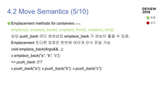 4.2 Move Semantics (5/10)
Emplacement methods for containers (+11)
emplace(), emplace_back(), emplace_front(), emplace_hint()
삽입 push_back 보다 생성삽입 emplace_back 가 성능이 좋을 수 있음.
Emplacement 또다른 장점은 한번에 여러개 인수 전달 가능
void emplace_back(Args&&...);
v.emplace_back(“a”, “b”, “c”);
=> push_back 은?
v.push_back(“a”); v.push_back(“b”); v.push_back(“c”);
허용
금지
 