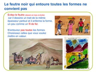 Evitez le feutre (dessin en bas à droite)
car il dessine un trait de la même
épaisseur partout et il enferme la forme,
un peu comme un fil de fer.
N’entourez pas toutes les formes.
Choisissez celles que vous voulez
mettre en valeur.
Le feutre noir qui entoure toutes les formes ne
convient pas
 