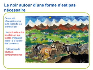 Ce qui est
nécessaire pour
faire ressortir les
formes c’est :
• le contraste entre
les clairs et les
foncés (regardez
page 12 la valeur
des couleurs)
• l’utilisation de
couleurs
complémentaires
Le noir autour d’une forme n’est pas
nécessaire
 