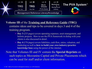 Volume IB  of the  Training and Reference Guide  (TRG)  contains ideas and tips to be covered in days 3 and 4 of the training program. Day 3  (233 pages) covers operating expenses, asset management, and holistic projects.  How to use the PVA framework in dialog with your clients is also discussed in detail. Day 4  (176 pages) covers liabilities, cash flow, ratios, valuation, and marketing as well as  how to build your own industry/practice knowledge base  using the power of the internet. Note that Volumes III and IV contain the  Special Reprints  on such topics as Mezzanine Capital and Private Placements which can be used for staff and/or client information. vol.  IA TRG Day 1&2 vol.  IB TRG Day 3&4 vol.  II Work  Sheets PVA Disks Management Reference Library/Knowledge The PVA System ™ vol.  III Marketing  &  Background Library 