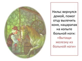 Нильс вернулся
домой, помог
отцу вылечить
коня, нацарапав
на копыте
больной ноги:
«Вытащи
железку из
больной ноги»
 