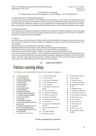 VIVA-Tech International Journal for Research and Innovation Volume 1, Issue 4 (2021)
ISSN(Online): 2581-7280 Article No. X
PP XX-XX
VIVA Institute of Technology
9th National Conference on Role of Engineers in Nation Building – 2021 (NCRENB-2021)
2
www.viva-technology.org/New/IJRI
2. Determining factors & Preparing Questionnaire
The thirty three most crucial factors were adopted from the literature. As the factors were identified from the
literature, a practical approach was needed to arrange the factors according to their impact. The response of people
associated with the construction industry plays an important role in determining the importance of the factors.
Hence a questionnaire survey was prepared, with all the factors listed. A total of one fifty responses were recorded.
3. Collecting Response
The responses were compiled and average of responses were calculated. For better explanation a horizontal graph
was created with the factors on the X-axis and the importance of factors ranging from 0 to 5 on the Y-axis. Where 0
indicates low impact and indicates high impact.
4. Analysis
Once the data was collected, it has to be further verified that the probability of the people answering the survey was
true. Hence the Analysis Of Variance (ANOVA) is adopted for ranking the factors and determining the most
severe impact.
The delay factors were summarized into three major categories:
● Production Elements (PE) includes: Labor, Materials and Equipment related factors.
● Internal Environment (IE) includes: Consultant, Contractor and Owner related factors.
● External Environment (EE) includes: Weather, Government Regulations and Other reasons.
A one way analysis of variance ANOVA is to be conducted among the means of responses from the three groups to
check for any significant differences among the groups perceptions regarding the importance of the various delay
causes. The mean values under the three groups, F statistics, and the P values at which hypothesis of equality of
mean values across different groups could be rejected is to be calculated.
III. Figures and TABLES
Factors considered from Literature
 