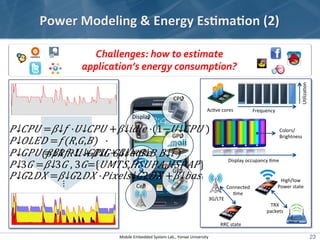 Power	
  Modeling	
  &	
  Energy	
  Es8ma8on	
  (2)

Ualizaaon	

Challenges:	
  how	
  to	
  estimate	
  
application’s	
 ...