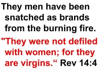 They men have been snatched as brands from the burning fire.  "They were not defiled with women; for they are virgins.“  Rev 14:4 