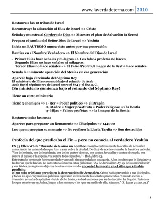 www.laverdadeterna.com 2010

Restaura a las 12 tribus de Israel
Reconstruye la adoración al Dios de Israel => Cristo
Señala y muestra al Cordero de Dios => Muestra el plan de Salvación (2 Seres)
Prepara el camino del Señor Dios de Israel => Yeshúa
Inicia un BAUTISMO nunca visto antes por esa generación
Bautiza en el Nombre Verdadero => El Nombre del Dios de Israel
- Primer Elías hace señales y milagros => Los falsos profetas no hacen
  Segundo Elías no hace señales ni milagros
  Tercer Elías no hace señales => El Falso Profeta/Imagen de la Bestia hace señales
Señala la inminente aparición del Mesías en esa generación
Aparece bajo el reinado del Séptimo Rey
El ministerio de Elías comenzó bajo el reinado de Acab
Acab fue el séptimo rey de Israel entre el 874 y el 853 a. C.
¡Su ministerio comienza bajo el reinado del Séptimo Rey!
Tiene un corto ministerio

Tiene 3 enemigos => 1- Rey = Poder político => el Dragón
                    2- Madre = Mujer prostituta = Poder religioso => la Bestia
                    3- Hijas = Falsos profetas => la Imagen de la Bestia

Restaura todas las cosas
Aparece para preparar un Remanente => Discípulos => 144000
Los que no aceptan su mensaje => No reciben la Lluvia Tardía => Son destruidos


Profecía del que predicaba el Fin... pero no conocía al verdadero Yeshúa
CS 33 Ellen White "Durante siete años un hombre recorrió continuamente las calles de Jerusalén
anunciando las calamidades que iban a caer sobre la ciudad. De día y de noche entonaba la frenética endecha:
"Voz del oriente, voz del occidente, voz de los cuatro vientos, voz contra Jerusalén y contra el templo, voz
contra el esposo y la esposa, voz contra todo el pueblo." - Ibid., libro 13.
Este extraño personaje fue encarcelado y azotado sin que exhalase una queja. A los insultos que le dirigían y a
las burlas que le hacían, no contestaba sino con estas palabras: "¡Ay de Jerusalén! ¡Ay, ay de sus moradores!"
y sus tristes presagios no dejaron de oírse sino cuando encontró la muerte en el sitio que él había
predicho.
Ni un solo cristiano pereció en la destrucción de Jerusalén. Cristo había prevenido a sus discípulos,
y todos los que creyeron sus palabras esperaron atentamente las señales prometidas. "Cuando viereis a
Jerusalén cercada de ejércitos - había dicho Jesús, - sabed entonces que su destrucción ha llegado. Entonces
los que estuvieren en Judea, huyan a los montes; y los que en medio de ella, váyanse." (S. Lucas 21: 20, 21.)"




                                                                                                            18
 