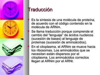 TraducciónTraducción
 Es la síntesis de una molécula de proteína,Es la síntesis de una molécula de proteína,
de acuerdo con el código contenido en lade acuerdo con el código contenido en la
molécula de ARNm.molécula de ARNm.
 Se llama traducción porque comprende elSe llama traducción porque comprende el
cambio del “lenguaje” de ácidos nucleicoscambio del “lenguaje” de ácidos nucleicos
(sucesión de bases) al lenguaje de(sucesión de bases) al lenguaje de
proteínas (sucesión de aminoácidos).proteínas (sucesión de aminoácidos).
 En el citoplasma, el ARNm se mueve haciaEn el citoplasma, el ARNm se mueve hacia
los ribosomas. Los aminoácidos que selos ribosomas. Los aminoácidos que se
necesitan están dispersos por elnecesitan están dispersos por el
citoplasma. Los aminoácidos correctoscitoplasma. Los aminoácidos correctos
llegan al ARNm por el ARNt.llegan al ARNm por el ARNt.
 