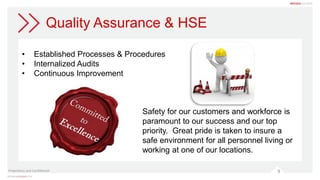 9
Quality Assurance & HSE
Proprietary and Confidential
• Established Processes & Procedures
• Internalized Audits
• Continuous Improvement
Safety for our customers and workforce is
paramount to our success and our top
priority. Great pride is taken to insure a
safe environment for all personnel living or
working at one of our locations.
 