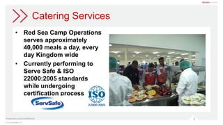 5
Catering Services
• Red Sea Camp Operations
serves approximately
40,000 meals a day, every
day Kingdom wide
• Currently performing to
Serve Safe & ISO
22000:2005 standards
while undergoing
certification process
Proprietary and Confidential
 