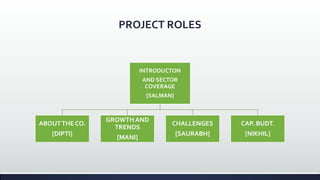 PROJECT ROLES
INTRODUCTON
AND SECTOR
COVERAGE
[SALMAN]
ABOUTTHE CO.
[DIPTI]
GROWTH AND
TRENDS
[MANI]
CHALLENGES
[SAURABH]
CAP. BUDT.
[NIKHIL]
 