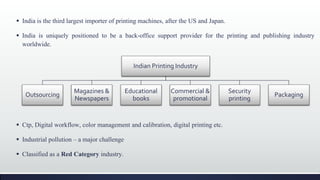  India is the third largest importer of printing machines, after the US and Japan.
 India is uniquely positioned to be a back-office support provider for the printing and publishing industry
worldwide.
 Ctp, Digital workflow, color management and calibration, digital printing etc.
 Industrial pollution – a major challenge
 Classified as a Red Category industry.
Indian Printing Industry
Outsourcing
Magazines &
Newspapers
Educational
books
Commercial &
promotional
Security
printing
Packaging
 