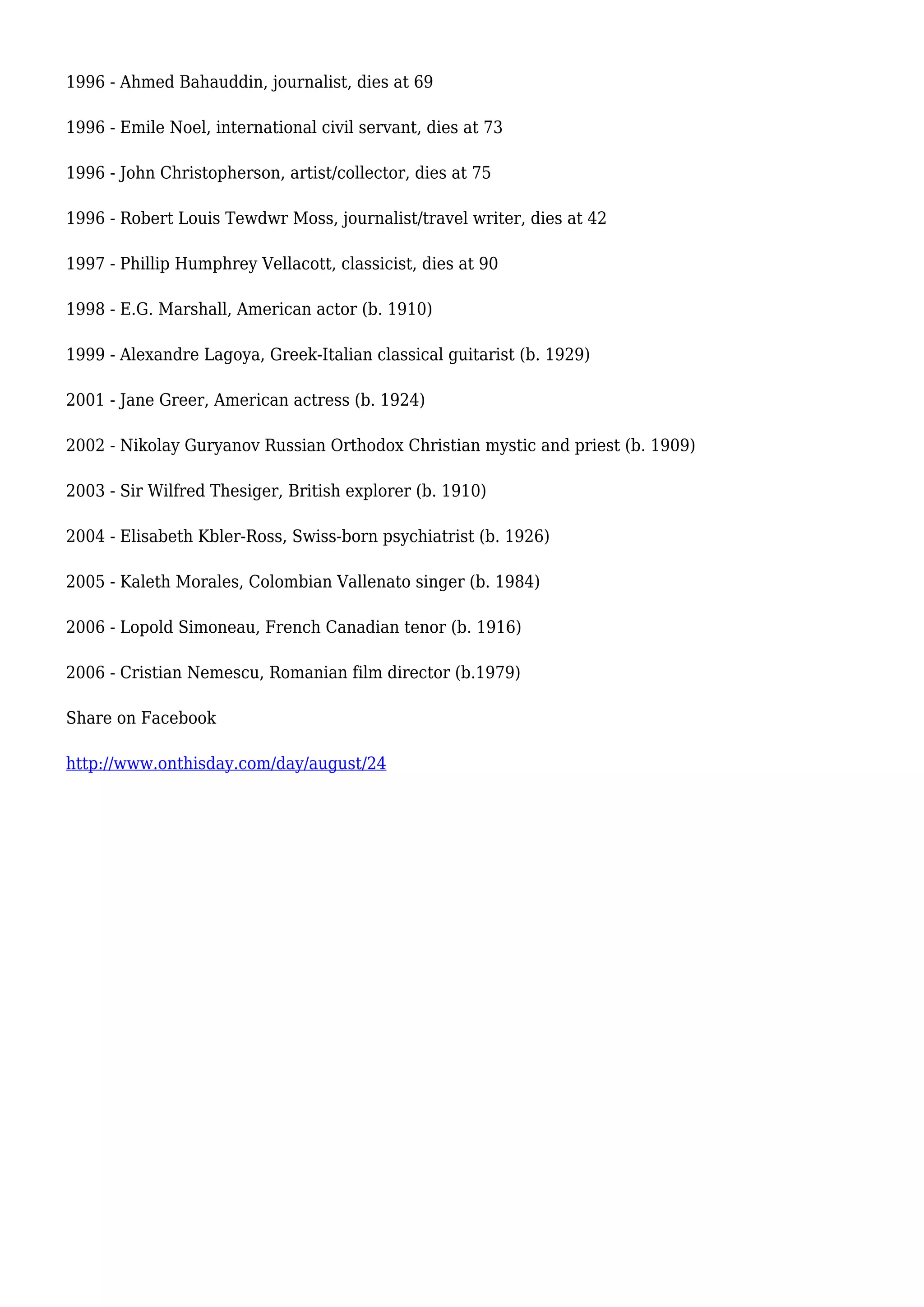 1996 - Ahmed Bahauddin, journalist, dies at 69
1996 - Emile Noel, international civil servant, dies at 73
1996 - John Christopherson, artist/collector, dies at 75
1996 - Robert Louis Tewdwr Moss, journalist/travel writer, dies at 42
1997 - Phillip Humphrey Vellacott, classicist, dies at 90
1998 - E.G. Marshall, American actor (b. 1910)
1999 - Alexandre Lagoya, Greek-Italian classical guitarist (b. 1929)
2001 - Jane Greer, American actress (b. 1924)
2002 - Nikolay Guryanov Russian Orthodox Christian mystic and priest (b. 1909)
2003 - Sir Wilfred Thesiger, British explorer (b. 1910)
2004 - Elisabeth Kbler-Ross, Swiss-born psychiatrist (b. 1926)
2005 - Kaleth Morales, Colombian Vallenato singer (b. 1984)
2006 - Lopold Simoneau, French Canadian tenor (b. 1916)
2006 - Cristian Nemescu, Romanian film director (b.1979)
Share on Facebook
http://www.onthisday.com/day/august/24
 