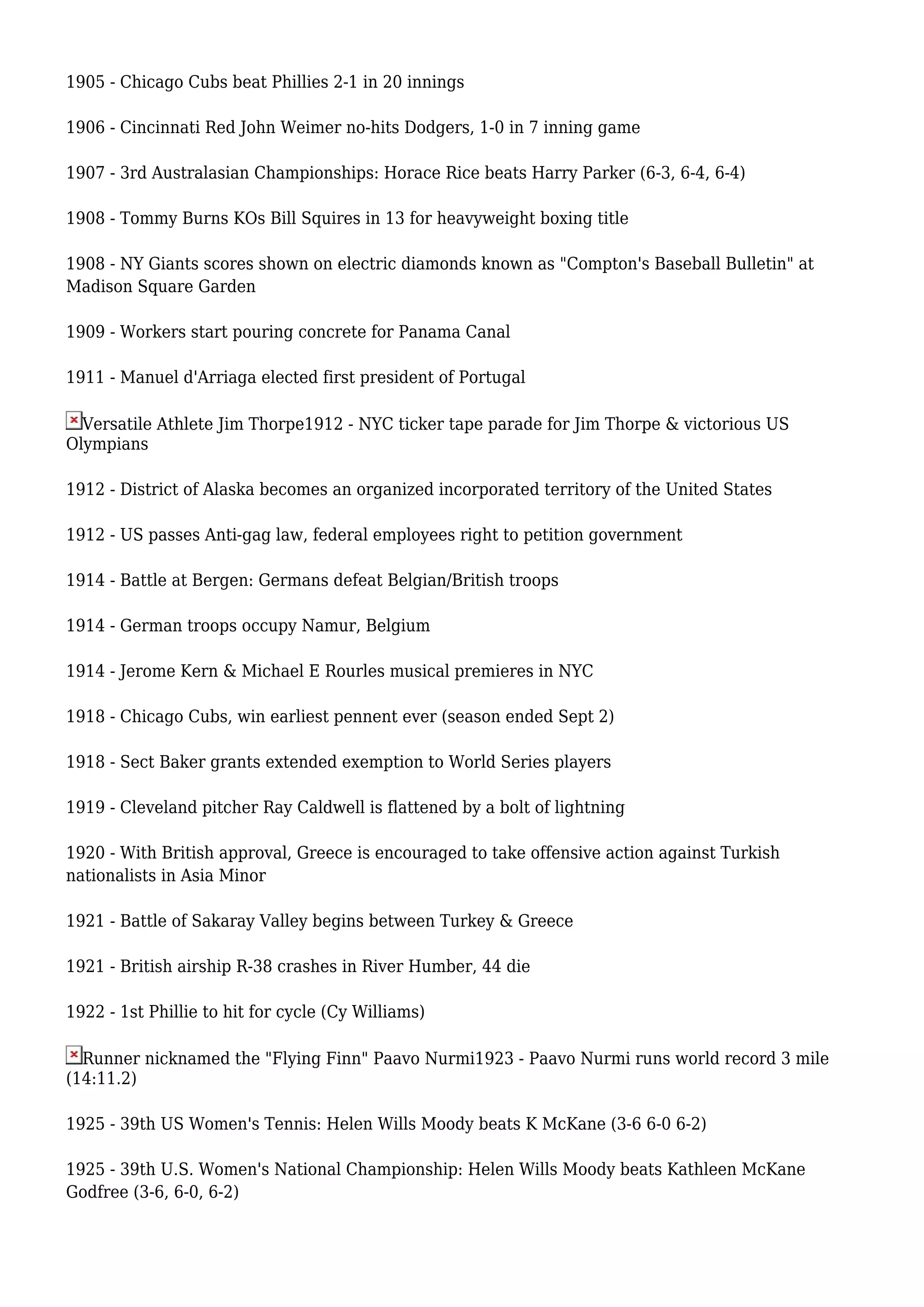 1905 - Chicago Cubs beat Phillies 2-1 in 20 innings
1906 - Cincinnati Red John Weimer no-hits Dodgers, 1-0 in 7 inning game
1907 - 3rd Australasian Championships: Horace Rice beats Harry Parker (6-3, 6-4, 6-4)
1908 - Tommy Burns KOs Bill Squires in 13 for heavyweight boxing title
1908 - NY Giants scores shown on electric diamonds known as "Compton's Baseball Bulletin" at
Madison Square Garden
1909 - Workers start pouring concrete for Panama Canal
1911 - Manuel d'Arriaga elected first president of Portugal
Versatile Athlete Jim Thorpe1912 - NYC ticker tape parade for Jim Thorpe & victorious US
Olympians
1912 - District of Alaska becomes an organized incorporated territory of the United States
1912 - US passes Anti-gag law, federal employees right to petition government
1914 - Battle at Bergen: Germans defeat Belgian/British troops
1914 - German troops occupy Namur, Belgium
1914 - Jerome Kern & Michael E Rourles musical premieres in NYC
1918 - Chicago Cubs, win earliest pennent ever (season ended Sept 2)
1918 - Sect Baker grants extended exemption to World Series players
1919 - Cleveland pitcher Ray Caldwell is flattened by a bolt of lightning
1920 - With British approval, Greece is encouraged to take offensive action against Turkish
nationalists in Asia Minor
1921 - Battle of Sakaray Valley begins between Turkey & Greece
1921 - British airship R-38 crashes in River Humber, 44 die
1922 - 1st Phillie to hit for cycle (Cy Williams)
Runner nicknamed the "Flying Finn" Paavo Nurmi1923 - Paavo Nurmi runs world record 3 mile
(14:11.2)
1925 - 39th US Women's Tennis: Helen Wills Moody beats K McKane (3-6 6-0 6-2)
1925 - 39th U.S. Women's National Championship: Helen Wills Moody beats Kathleen McKane
Godfree (3-6, 6-0, 6-2)
 