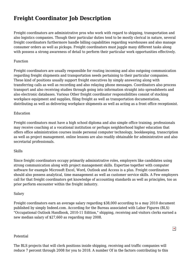 Freight Coordinator Job Description PDF Freight Coordinator Job Description PDF