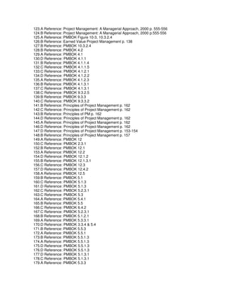 123.A Reference: Project Management: A Managerial Approach, 2000 p. 555-556
124.B Reference: Project Management: A Managerial Approach, 2000 p.555-556
125.A Reference: PMBOK Figure 10-3, 10.3.2.4
126.B Reference: Earned Value Project Management p. 138
127.B Reference: PMBOK 10.3.2.4
128.B Reference: PMBOK 4.2
129.A Reference: PMBOK 4.1
130.D Reference: PMBOK 4.1.1
131.B Reference: PMBOK 4.1.1.4
132.C Reference: PMBOK 4.1.1.5
133.C Reference: PMBOK 4.1.2.1
134.D Reference: PMBOK 4.1.2.2
135.A Reference: PMBOK 4.1.2.3
136.B Reference: PMBOK 4.1.3.1
137.C Reference: PMBOK 4.1.3.1
138.C Reference: PMBOK 9.3.2.5
139.B Reference: PMBOK 9.3.3
140.C Reference: PMBOK 9.3.3.2
141.B Reference: Principles of Project Management p. 162
142.C Reference: Principles of Project Management p. 162
143.B Reference: Principles of PM p. 162
144.D Reference: Principles of Project Management p. 162
145.A Reference: Principles of Project Management p. 162
146.D Reference: Principles of Project Management p. 162
147.D Reference: Principles of Project Management p. 153-154
148.B Reference: Principles of Project Management p. 157
149.A Reference: PMBOK 12
150.C Reference: PMBOK 2.3.1
152.B Reference: PMBOK 12.1
153.A Reference: PMBOK 12.2
154.D Reference: PMBOK 12.1.2
155.B Reference: PMBOK 12.1.3.1
156.C Reference: PMBOK 12.3
157.D Reference: PMBOK 12.4.2
158.A Reference: PMBOK 12.5
159.B Reference: PMBOK 5.1
160.C Reference: PMBOK 5.1.3
161.D Reference: PMBOK 5.1.3
162.C Reference: PMBOK 5.2.3.1
163.C Reference: PMBOK 5.3
164.A Reference: PMBOK 5.4.1
165.B Reference: PMBOK 5.5
166.C Reference: PMBOK 6.4.2
167.C Reference: PMBOK 5.2.3.1
168.B Reference: PMBOK 5.1.2.1
169.A Reference: PMBOK 5.3.3.1
170.D Reference: PMBOK 3.3.4 & 5.4
171.B Reference: PMBOK 5.5.3
172.A Reference: PMBOK 5.5.1
173.B Reference: PMBOK 5.5.1.3
174.A Reference: PMBOK 5.5.1.3
175.D Reference: PMBOK 5.5.1.3
176.D Reference: PMBOK 5.5.1.3
177.D Reference: PMBOK 5.1.3.1
178.C Reference: PMBOK 5.1.3.1
179.A Reference: PMBOK 5.3.3
 