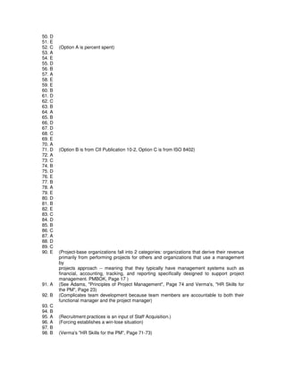 50. D
51. E
52. C (Option A is percent spent)
53. A
54. E
55. D
56. B
57. A
58. E
59. E
60. B
61. D
62. C
63. B
64. A
65. B
66, D
67. D
68. C
69. E
70. A
71. D (Option B is from CII Publication 10-2, Option C is from ISO 8402)
72. A
73. C
74. B
75. D
76. E
77. B
78. A
79. E
80. D
81. B
82. E
83. C
84. D
85. B
86. C
87. A
88. D
89. C
90. E (Project-base organizations fall into 2 categories: organizations that derive their revenue
primarily from performing projects for others and organizations that use a management
by
projects approach -- meaning that they typically have management systems such as
financial, accounting, tracking, and reporting specifically designed to support project
management. PMBOK, Page 17 )
91. A (See Adams, "Principles of Project Management", Page 74 and Verma's, "HR Skills for
the PM", Page 23)
92. B (Complicates team development because team members are accountable to both their
functional manager and the project manager)
93. C
94. B
95. A (Recruitment practices is an input of Staff Acquisition.)
96. A (Forcing establishes a win-lose situation)
97. B
98. B (Verma's "HR Skills for the PM", Page 71-73)
 