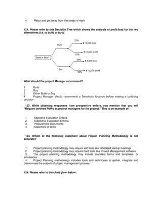 4. Relax and get away from the stress of work
121. Please refer to this Decision Tree which shows the analysis of profit/loss for the two
alternatives (i.e. to build or buy).
What should the project Manager recommend?
1 Build
2 Buy
3 Either Build or Buy
4 Project Manager should recommend a Sensitivity Analysis before making a build/buy
decision
122. While obtaining responses from prospective sellers, you mention that you will
"Require certified PMPs as project managers for the project." This is an example of:
1. Objective Evaluation Criteria
2. Subjective Evaluation Criteria
3. Procurement Documents
4. Statement of Work
123. Which of the following statement about Project Planning Methodology is not
accurate?
1. Project planning methodology may require soft tools like facilitated startup meetings
2. Project planning methodology may require hard tools like Project Management software
3. The project planning methodology may include standard forms and templates, or
simulations.
4. Project Planning methodology includes tools and techniques to gather, integrate and
disseminate the outputs of project management process
124. Please refer to the chart given below:
 