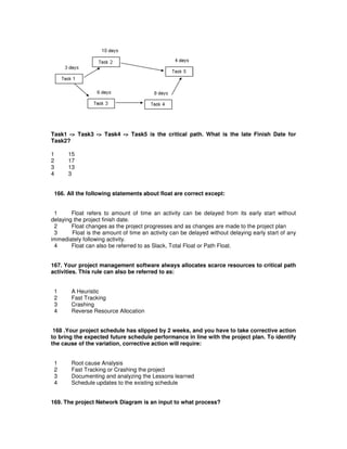 Task1 -> Task3 -> Task4 -> Task5 is the critical path. What is the late Finish Date for
Task2?
1 15
2 17
3 13
4 3
166. All the following statements about float are correct except:
1 Float refers to amount of time an activity can be delayed from its early start without
delaying the project finish date.
2 Float changes as the project progresses and as changes are made to the project plan
3 Float is the amount of time an activity can be delayed without delaying early start of any
immediately following activity.
4 Float can also be referred to as Slack, Total Float or Path Float.
167. Your project management software always allocates scarce resources to critical path
activities. This rule can also be referred to as:
1 A Heuristic
2 Fast Tracking
3 Crashing
4 Reverse Resource Allocation
168 .Your project schedule has slipped by 2 weeks, and you have to take corrective action
to bring the expected future schedule performance in line with the project plan. To identify
the cause of the variation, corrective action will require:
1 Root cause Analysis
2 Fast Tracking or Crashing the project
3 Documenting and analyzing the Lessons learned
4 Schedule updates to the existing schedule
169. The project Network Diagram is an input to what process?
 