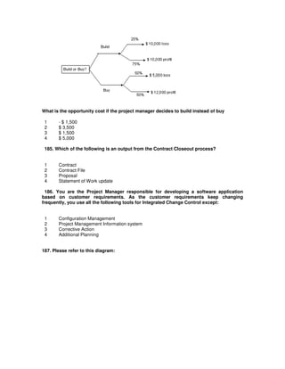 What is the opportunity cost if the project manager decides to build instead of buy
1 - $ 1,500
2 $ 3,500
3 $ 1,500
4 $ 5,000
185. Which of the following is an output from the Contract Closeout process?
1 Contract
2 Contract File
3 Proposal
4 Statement of Work update
186. You are the Project Manager responsible for developing a software application
based on customer requirements. As the customer requirements keep changing
frequently, you use all the following tools for Integrated Change Control except:
1 Configuration Management
2 Project Management Information system
3 Corrective Action
4 Additional Planning
187. Please refer to this diagram:
 