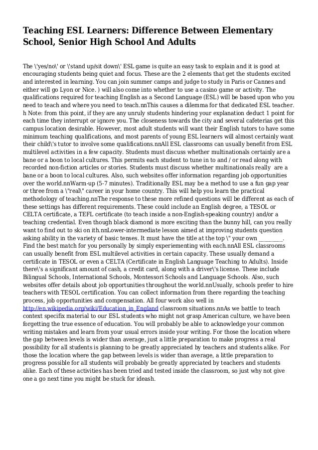 Teaching ESL Learners Difference Between Elementary School, Senior H…