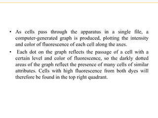 • As cells pass through the apparatus in a single file, a
computer-generated graph is produced, plotting the intensity
and color of fluorescence of each cell along the axes.
• Each dot on the graph reflects the passage of a cell with a
certain level and color of fluorescence, so the darkly dotted
areas of the graph reflect the presence of many cells of similar
attributes. Cells with high fluorescence from both dyes will
therefore be found in the top right quadrant.
 