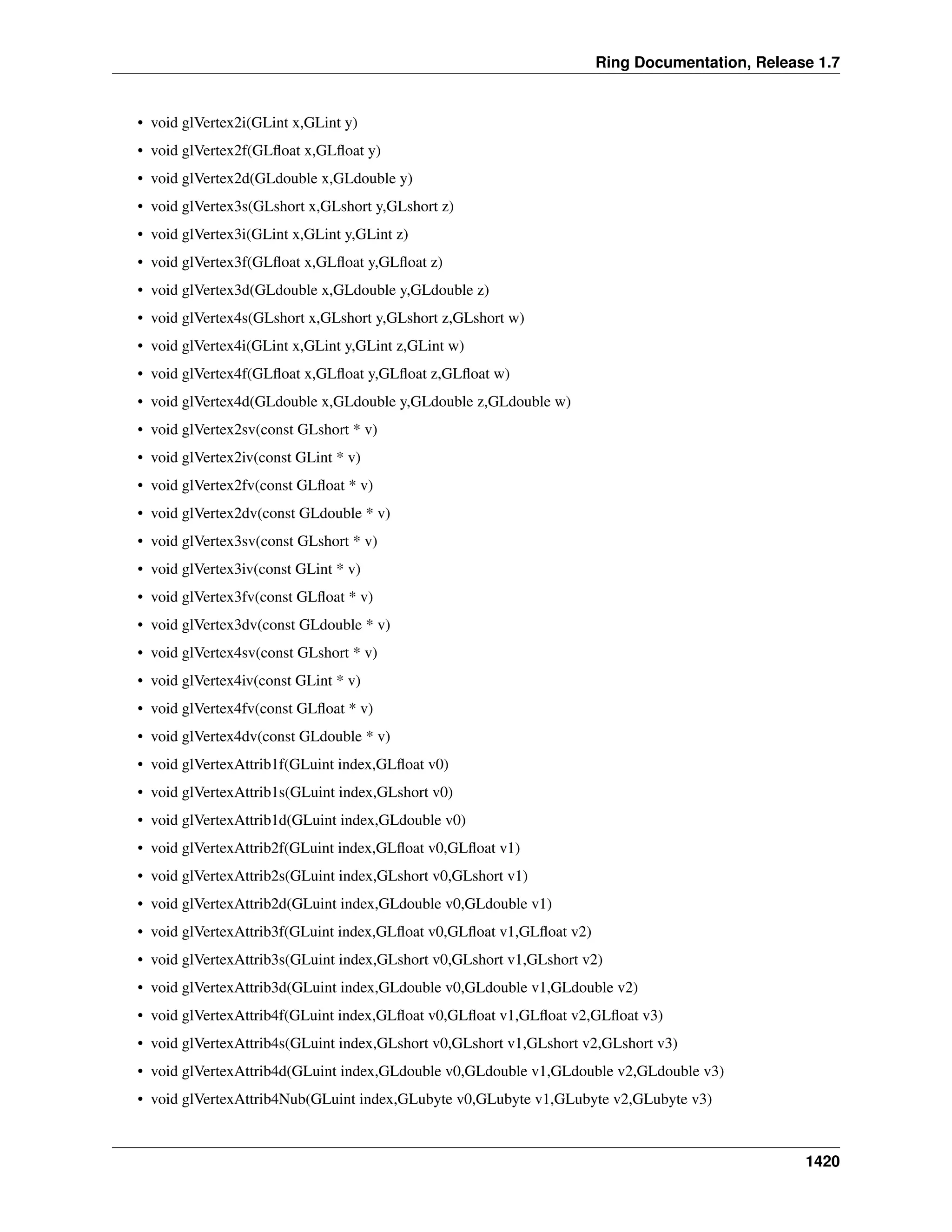 Ring Documentation, Release 1.7
• void glVertex2i(GLint x,GLint y)
• void glVertex2f(GLﬂoat x,GLﬂoat y)
• void glVertex2d(GLdouble x,GLdouble y)
• void glVertex3s(GLshort x,GLshort y,GLshort z)
• void glVertex3i(GLint x,GLint y,GLint z)
• void glVertex3f(GLﬂoat x,GLﬂoat y,GLﬂoat z)
• void glVertex3d(GLdouble x,GLdouble y,GLdouble z)
• void glVertex4s(GLshort x,GLshort y,GLshort z,GLshort w)
• void glVertex4i(GLint x,GLint y,GLint z,GLint w)
• void glVertex4f(GLﬂoat x,GLﬂoat y,GLﬂoat z,GLﬂoat w)
• void glVertex4d(GLdouble x,GLdouble y,GLdouble z,GLdouble w)
• void glVertex2sv(const GLshort * v)
• void glVertex2iv(const GLint * v)
• void glVertex2fv(const GLﬂoat * v)
• void glVertex2dv(const GLdouble * v)
• void glVertex3sv(const GLshort * v)
• void glVertex3iv(const GLint * v)
• void glVertex3fv(const GLﬂoat * v)
• void glVertex3dv(const GLdouble * v)
• void glVertex4sv(const GLshort * v)
• void glVertex4iv(const GLint * v)
• void glVertex4fv(const GLﬂoat * v)
• void glVertex4dv(const GLdouble * v)
• void glVertexAttrib1f(GLuint index,GLﬂoat v0)
• void glVertexAttrib1s(GLuint index,GLshort v0)
• void glVertexAttrib1d(GLuint index,GLdouble v0)
• void glVertexAttrib2f(GLuint index,GLﬂoat v0,GLﬂoat v1)
• void glVertexAttrib2s(GLuint index,GLshort v0,GLshort v1)
• void glVertexAttrib2d(GLuint index,GLdouble v0,GLdouble v1)
• void glVertexAttrib3f(GLuint index,GLﬂoat v0,GLﬂoat v1,GLﬂoat v2)
• void glVertexAttrib3s(GLuint index,GLshort v0,GLshort v1,GLshort v2)
• void glVertexAttrib3d(GLuint index,GLdouble v0,GLdouble v1,GLdouble v2)
• void glVertexAttrib4f(GLuint index,GLﬂoat v0,GLﬂoat v1,GLﬂoat v2,GLﬂoat v3)
• void glVertexAttrib4s(GLuint index,GLshort v0,GLshort v1,GLshort v2,GLshort v3)
• void glVertexAttrib4d(GLuint index,GLdouble v0,GLdouble v1,GLdouble v2,GLdouble v3)
• void glVertexAttrib4Nub(GLuint index,GLubyte v0,GLubyte v1,GLubyte v2,GLubyte v3)
1420
 