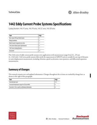 Technical Data
1442 Eddy Current Probe Systems Specifications
Catalog Numbers1442-PSseries,1442-PRseries,1442-ECseries,1442-DRseries
The 1442 series of eddy current probe systems serve applications with measurement ranges from 0.1…29 mm
(4…1142 mils). 1442 series probe systems fully satisfy the requirements of API 670 and are suitable for any type of dynamic
or static displacement measurement, including vibration, speed/acceleration, rotor/position, and differential expansion
measurements.
Summary of Changes
This manual contains new and updated information. Changes throughout this revision are marked by change bars, as
shown to the right of this paragraph.
Topic Page
Non-contact Pick-up Probe System 2
Wiring Guidelines 3
Match System Components by Color 3
1442 Series Probe System Specifications 4
1442 Series Catalog Numbers 7
Accessories 17
Topic Page
Corrected wire sizes 3, 5
Corrected temperature ranges for CSA and ATEX 5
Corrected c-CSA-us and Ex certification information 6
 