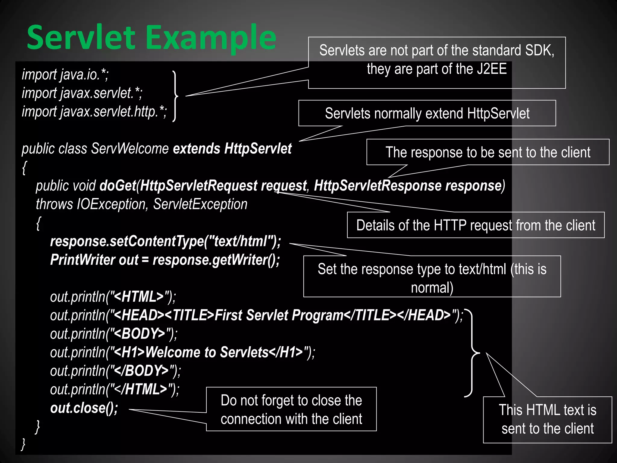 import java.io.*;
import javax.servlet.*;
import javax.servlet.http.*;
public class ServWelcome extends HttpServlet
{
public void doGet(HttpServletRequest request, HttpServletResponse response)
throws IOException, ServletException
{
response.setContentType("text/html");
PrintWriter out = response.getWriter();
out.println("<HTML>");
out.println("<HEAD><TITLE>First Servlet Program</TITLE></HEAD>");
out.println("<BODY>");
out.println("<H1>Welcome to Servlets</H1>");
out.println("</BODY>");
out.println("</HTML>");
out.close();
}
}
Servlet Example Servlets are not part of the standard SDK,
they are part of the J2EE
Servlets normally extend HttpServlet
Details of the HTTP request from the client
The response to be sent to the client
Set the response type to text/html (this is
normal)
This HTML text is
sent to the client
Do not forget to close the
connection with the client
 