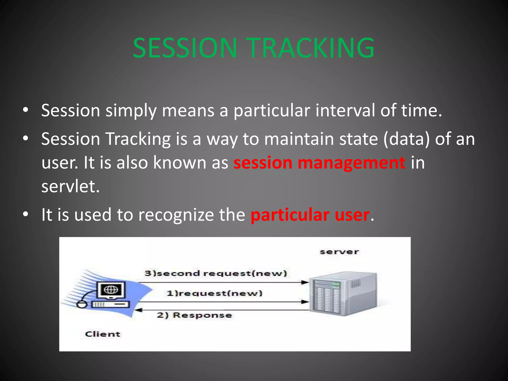 SESSION TRACKING
• Session simply means a particular interval of time.
• Session Tracking is a way to maintain state (data) of an
user. It is also known as session management in
servlet.
• It is used to recognize the particular user.
 