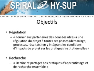 Objectifs Régulation « Fournir aux partenaires des données utiles à une régulation du projet à toutes ses phases (démarrage, processus, résultats) en y intégrant les conditions d’impacts du projet sur les pratiques institutionnelles » Recherche « Décrire et partager nos pratiques d’apprentissage et de recherche ensemble » 