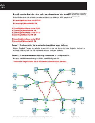 Todo el contenido es Copyright © 1992 – 2007 de Cisco Systems, Inc.
Todos los derechos reservados. Este documento es información pública de Cisco. Página 90 de 94
Paso 2: Ajustar los intervalos hello para los enlaces más lentos.
Cambie los intervalos hello para los enlaces de 64 kbps a 60 segundos.
B1(config)#interface serial 0/0/1
B1(config-if)#bandwidth 64
B2(config)#interface serial 0/0/1
B2(config-if)#bandwidth 64
B2(config)#interface serial 0/1/0
B2(config-if)#bandwidth 64
B3(config)#interface serial 0/0/1
B3(config-if)#bandwidth 64
Tarea 7: Configuración del enrutamiento estático y por defecto.
Como Packet Tracer no admite la redistribución de las rutas por defecto, todos los
routers a excepción de ISP necesitarán una ruta por defecto.
Tarea 8: Prueba de la conectividad y examen de la configuración.
Prueba de la conectividad y examen de la configuración.
Todos los dispositivos de la red tienen conectividad exitosa…
 