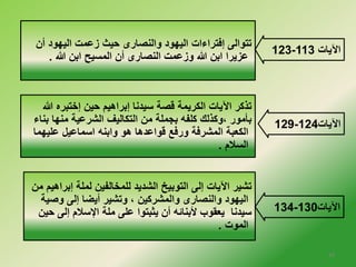 123- الآيات 113 
تتوالى إفتراءات اليهود والنصارى حيث زعمت اليهود أن 
عزيرا ابن الله وزعمت النصارى أن المسيح ابن الله . 
129- الآيات 124 
134- الآيات 130 
تذكر الآيات الكريمة قصة سيدنا إبراهيم حين إخلتبره الله 
بأمور ،وكذلك كلفه بجملة من التكاليف الشرعية منها بناء 
الكعبة المشرفة ورفع قواعدها هو وابنه اسماعيل عليهما 
السلام . 
تشير الآيات إلى التوبيخ الشديد للمخلالفين لملة إبراهيم من 
اليهود والنصارى والمشركين ، وتشير أيضا إلى وصية 
سيدنا يعقوب لأبنائه أن يثبتوا على ملة الإسلام إلى حين 
الموت . 
10 
 