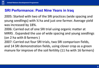 5
SRI Performance: Past Nine Years in Iraq
2005: Started with two of the SRI practices (wide spacing and
young seedlings) ...